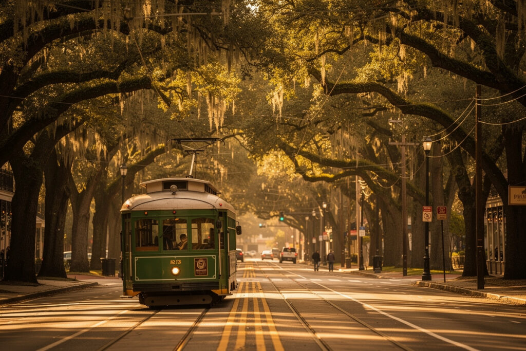 A green streetcar traveling down a New Orleans avenue lined with oak trees draped in Spanish moss