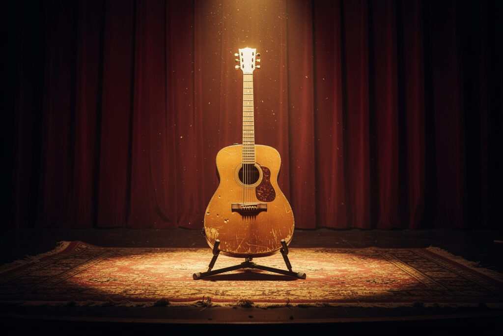 A single acoustic guitar resting on a stand under a spotlight on an empty stage, a tribute image evoking the room Dale Triguero built