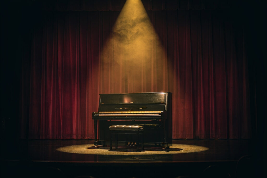 An empty music club stage with a single spotlight illuminating an upright piano against a red curtain backdrop