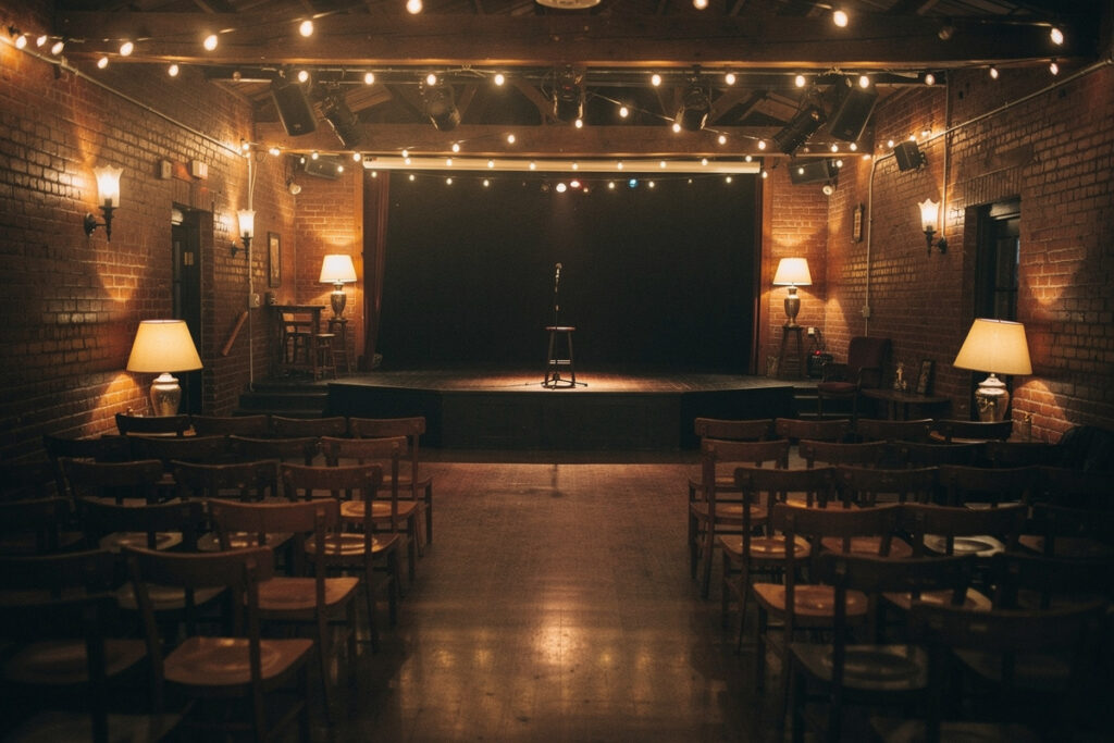 The quiet interior of an empty New Orleans listening-room music club, string lights overhead and rows of empty chairs facing the stage